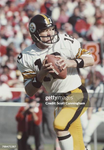 Terry Bradshaw, Quarterback for the Pittsburgh Steelers during the National Football Conference West game against the Atlanta Falcons on 15 November...