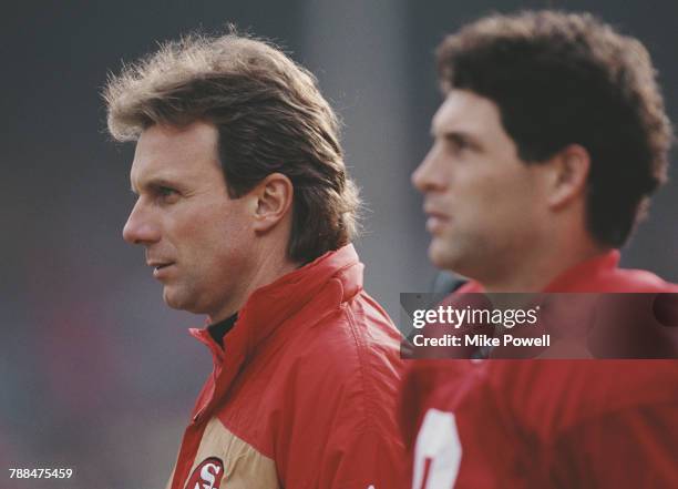 Joe Montana and Steve Young, Quarterbacks for the San Francisco 49ers during the National Football Conference West game against the Kansas City...