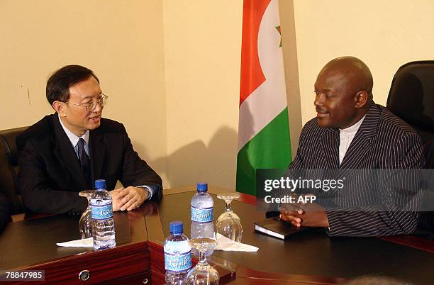 Chinese Foreign Minister Yang Jiechi meets Burundi's President Pierre Nkurunziza 09 January 2008 in Bujumbura. Yang Jiechi arrived Wednesday for a...