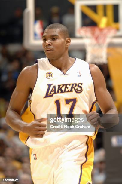 Andrew Bynum of the Los Angeles Lakers runs downcourt during the game against the Phoenix Suns at Staples Center on December 25, 2007 in Los Angeles,...