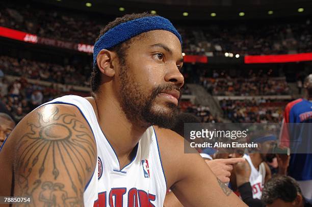 Rasheed Wallace of the Detroit Pistons looks on from the bench during the game against the Atlanta Hawks at the Palace of Auburn Hills on December...