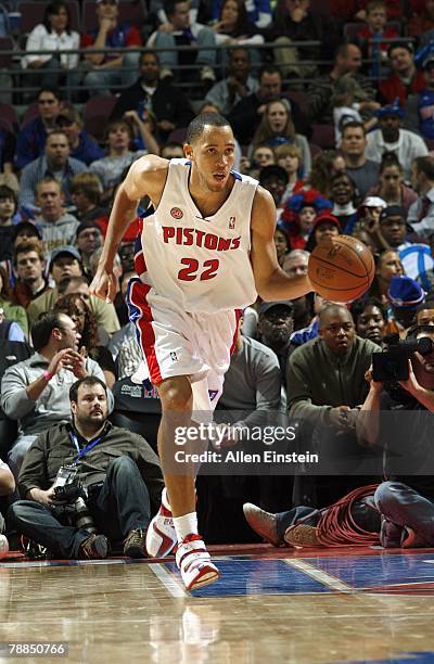 Tayshaun Prince of the Detroit Pistons dribbles the ball upcourt during the game against the Atlanta Hawks at the Palace of Auburn Hills on December...