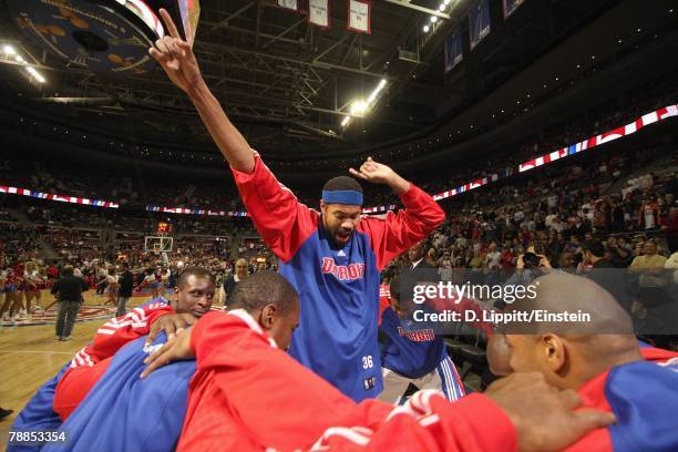 Rasheed Wallace of the Detroit Pistons celebrates during the game against the Atlanta Hawks at the Palace of Auburn Hills on December 14, 2007 in...