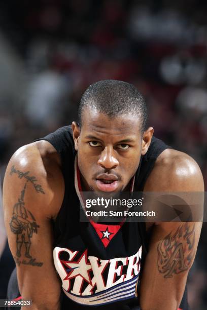 Andre Iguodala of the Philadelphia 76ers catches his breath during the game against the Portland Trail Blazers at the Rose Garden Arena on December...