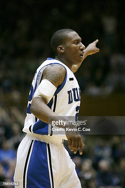 Nolan Smith of the Duke Blue Devils points during the college basketball game against the Cornell Big Red at Cameron Indoor Stadium on January 6,...