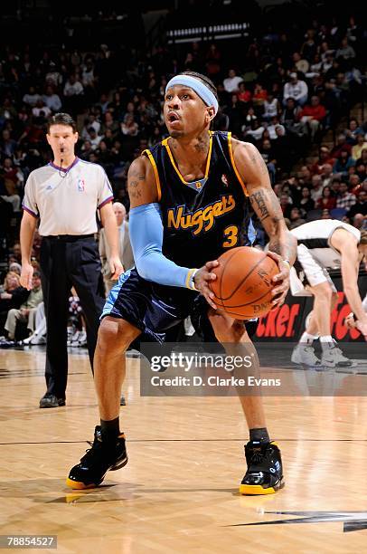 Allen Iverson of the Denver Nuggets looks to the basket during the game against the San Antonio Spurs on December 15, 2007 at the AT&T Center in San...