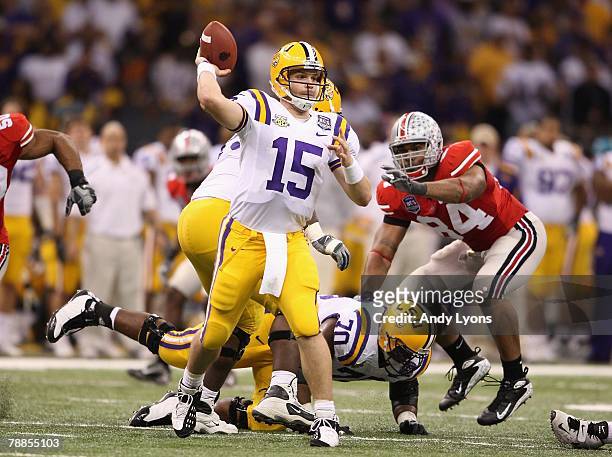 Quarterback Matt Flynn of the Louisiana State University Tigers looks to pass against the Ohio State Buckeyes during the AllState BCS National...