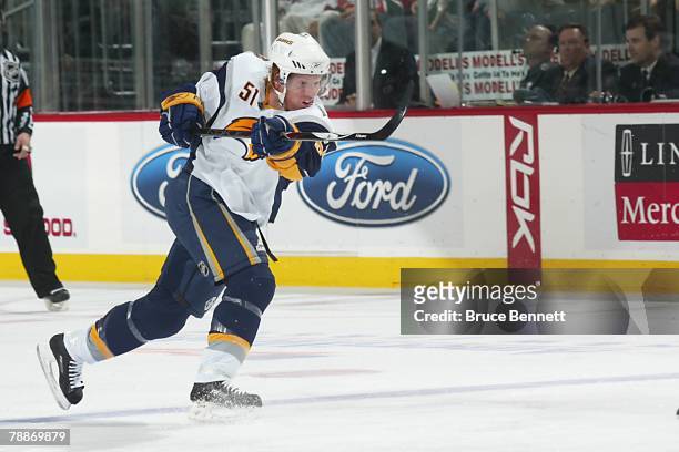Brian Campbell of the Buffalo Sabres skates during the NHL game against the New Jersey Devils at the Prudential Center on January 8, 2008 in Newark,...
