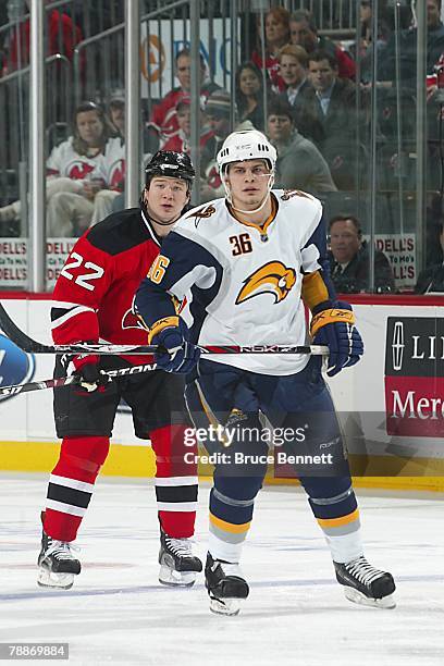 Patrick Kaleta of the Buffalo Sabres and Arron Asham of the New Jersey Devils look on during the NHL game at the Prudential Center on January 8, 2008...