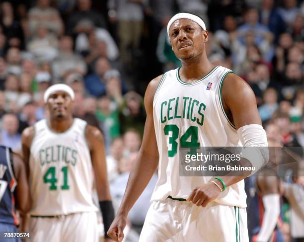 Paul Pierce of the Boston Celtics looks in disgust at the score in the fourth quarter in a game against the Charlotte Bobcats on January 9, 2008 at...