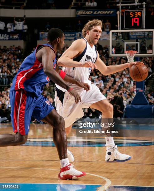 Dirk Nowitzki of the Dallas Mavericks drives the ball against the Detroit Pistons on January 9, 2008 at the American Airlines Center in Dallas,...