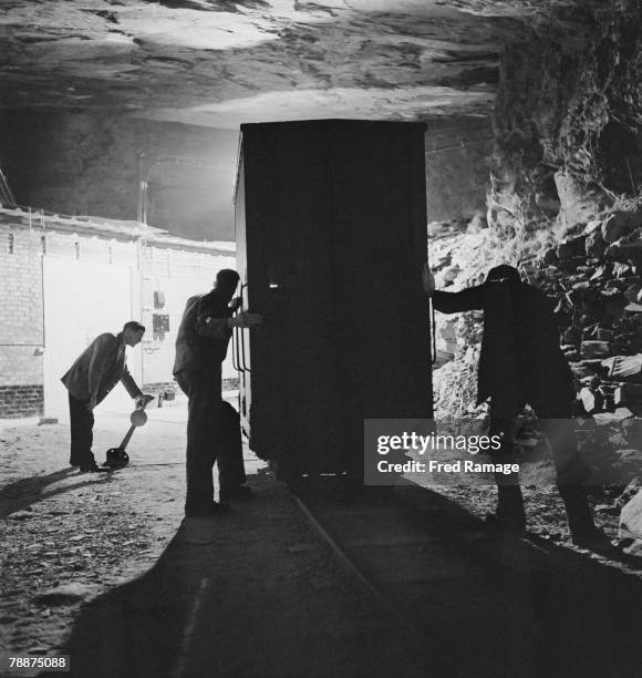 Art treasures from the National Gallery are moved to Manod Quarry slate caverns in Merionethshire, Wales, for safekeeping during World War II,...