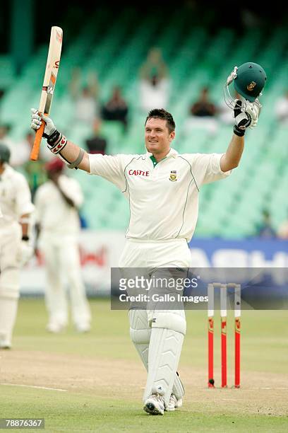 Graeme Smith reaches his 100 during Day 1 of the 3rd Test match between South Africa and West Indies held at Sahara Stadium on January 10, 2008 in...