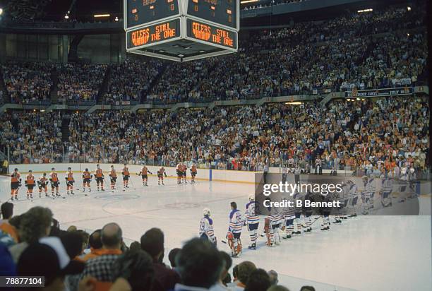 View from the stands as members of the Philadelphia Flyers and Edmonton Oilers line up to face each other prior to a game during the Stanley Cup...