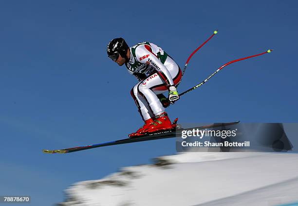 David Poisson of France in action during Downhill Training on January 10, 2008 in Wengen, Switzerland.