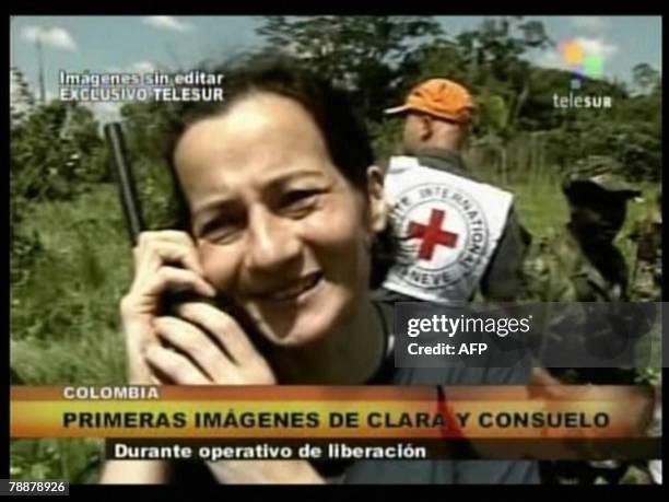 Grab from Venezuelan channel Telesur showing Clara Rojas speaking on a mobile phone 10 January, 2008 in Colombia, after her release by the...