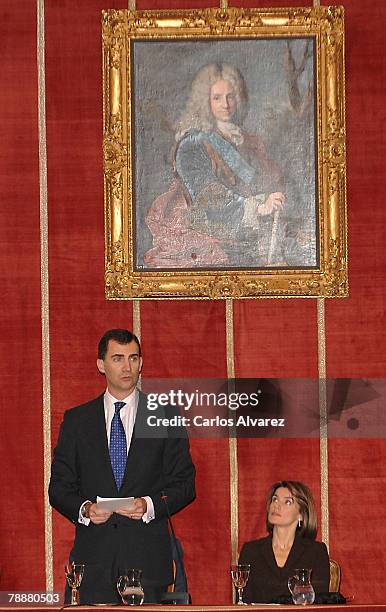 Crown Prince Felipe and Princess Letizia of Spain attend the Antonio Sancha Awards at the Real Academia de Bellas Artes de San Fernando on January...