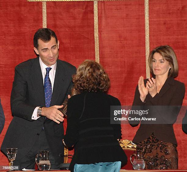 Crown Prince Felipe and Princess Letizia of Spain attend the Antonio Sancha Awards at the Real Academia de Bellas Artes de San Fernando on January...