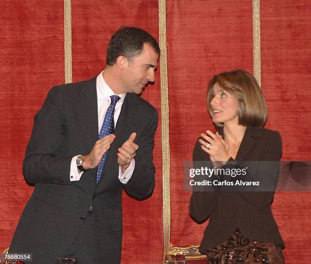 Crown Prince Felipe and Princess Letizia of Spain attend the Antonio Sancha Awards at the Real Academia de Bellas Artes de San Fernando on January...