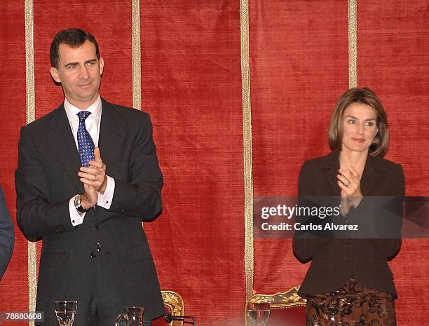 Crown Prince Felipe and Princess Letizia of Spain attend the Antonio Sancha Awards at the Real Academia de Bellas Artes de San Fernando on January...