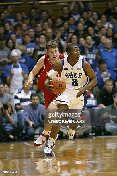 Nolan Smith of the Duke Blue Devils moves the ball during the college basketball game against the Cornell Big Red at Cameron Indoor Stadium on...