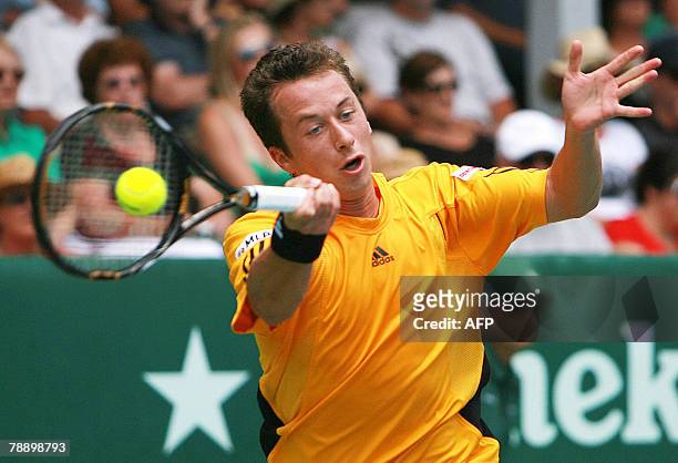 Philipp Kohlschreiber of Germany is seen in action during the semi final against Juan Manaco of Argentina on day five of the Heineken Open, in...
