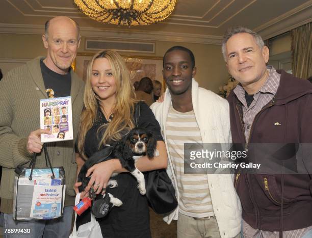 Producer Neil Meron, actress Amanda Bynes, actor Elijah Kelley and producer Craig Zadan pose during the 2008 World Experience DPA gift lounge held at...