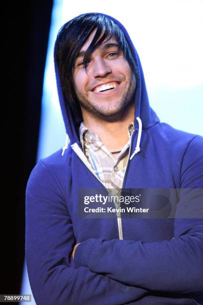 Musician Pete Wentz from the band "Fall Out Boy" poses onstage during the announcement for Panic! at the Disco's headlining of the 2008 Honda Civic...