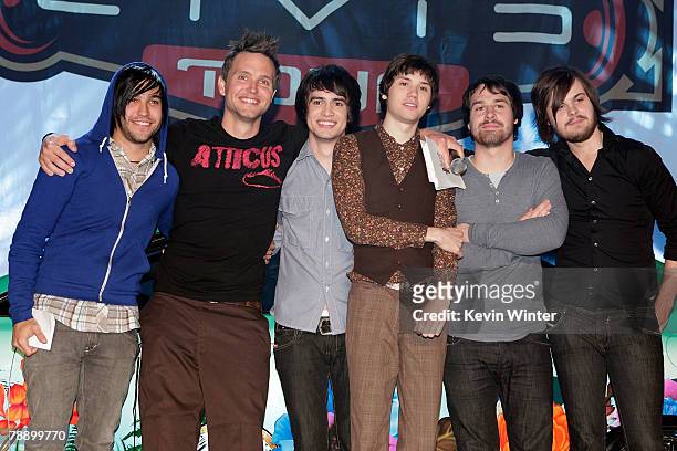 Musicians Pete Wentz of the band "Fall Out Boy", Mark Hoppus of +44, and Panic! at the Disco members frontman Brenden Urie, guitarist Ryan Ross,...