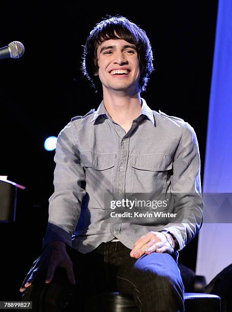 Frontman Brendon Urie of the band "Panic! at the Disco" performs onstage during the announcement for Panic! at the Disco's headlining of the 2008...