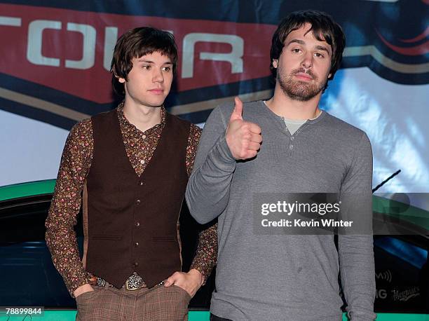 Panic! at the Disco's guitarist Ryan Ross and bassist Jon Walker pose onstage during the announcement for Panic! at the Disco's headlining of the...