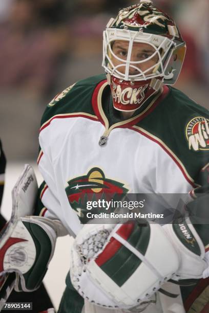 Niklas Backstrom of the Minnesota Wild looks on against the Dallas Stars on January 7, 2008 at American Airlines Center in Dallas, Texas.