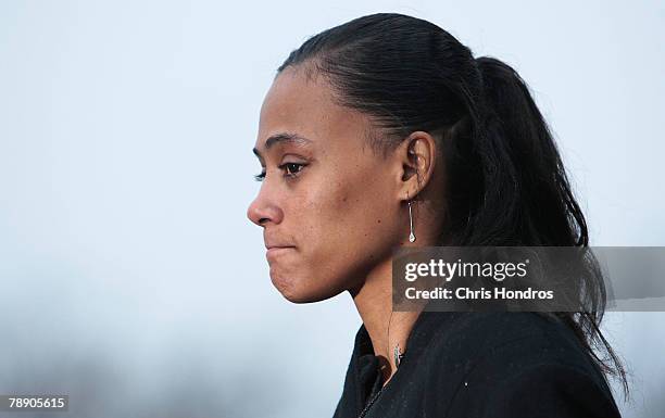 Marion Jones gives a brief statement to the press after she leaves court January 11, 2008 in White Plains, New York. Marion Jones was sentenced to...