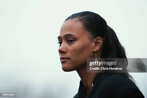 Marion Jones gives a brief statement to the press after she leaves court January 11, 2008 in White Plains, New York. Marion Jones was sentenced to...