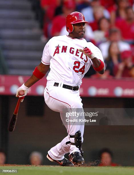 Gary Matthews Jr. Of the Los Angeles Angels of Anaheim bats during 12-5 loss to the Seattle Mariners in Major League Baseball game in Anaheim, Calif....