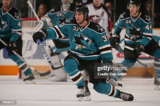 Curtis Brown of the San Jose Sharks attempts to block a shot on the ice during an NHL game against the Columbus Blue Jackets on January 5, 2008 at HP...