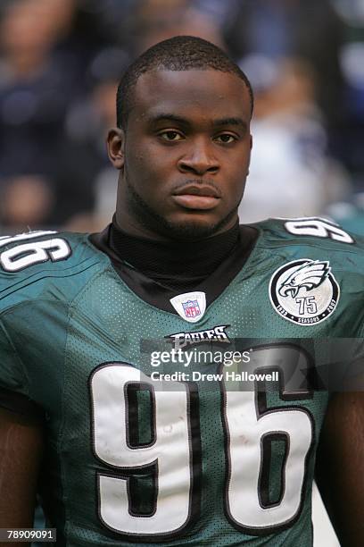 Linebacker Omar Gaither of the Philadelphia Eagles stands on the sideline during the game against the Dallas Cowboys on December 16, 2007 at Texas...