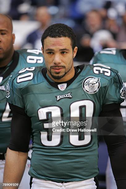 Safety J.R. Reed of the Philadelphia Eagles stands on the sideline during the game against the Dallas Cowboys on December 16, 2007 at Texas Stadium...