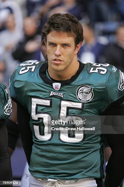 Linebacker Stewart Bradley of the Philadelphia Eagles stands on the sideline during the game against the Dallas Cowboys on December 16, 2007 at Texas...