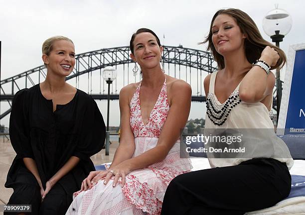 Tahyna Tozzi, Elka Graham and Erin McNaught attend a photo call for the Harvey Norman Sleep Number bed. Harvey Norman Executive Chairman Gerry Harvey...