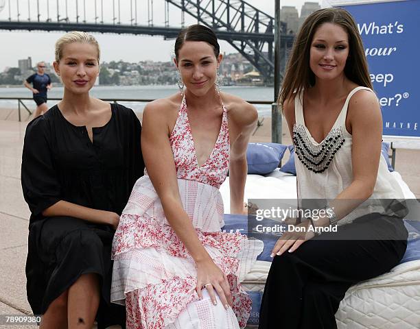 Tahyna Tozzi, Elka Graham and Erin McNaught attend a photo call for the Harvey Norman Sleep Number bed. Harvey Norman Executive Chairman Gerry Harvey...