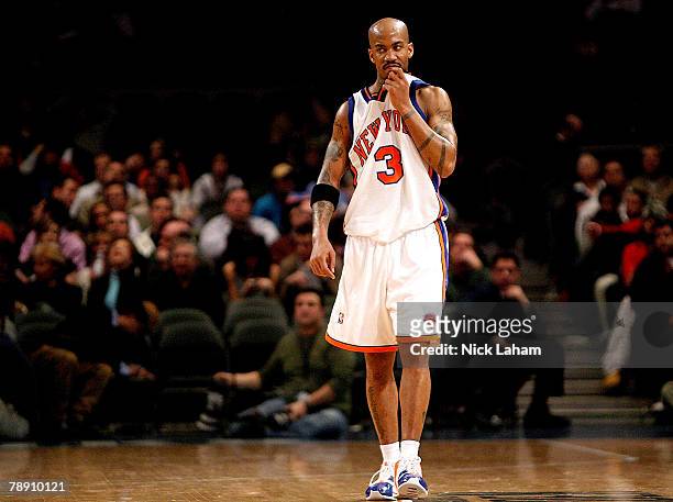 Stephon Marbury of the New York Knicks walks down the court against the Toronto Raptors on January 11, 2008 at Madison Square Garden in New York...