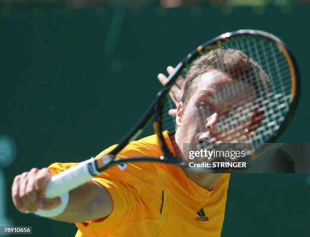 Philipp Kohlschreiber of Germany plays a shot against Juan Carlos Ferrero of Spain in the singles final on day 6 of the Heineken Open in Auckland, 12...