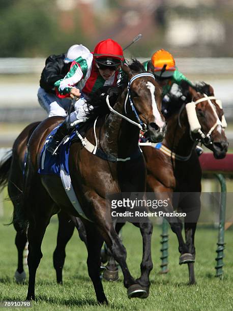 Dean Holland rides Lucky Diva to victory in the Robert Taranto Handicap during the Rubiton Stakes Day held at Caulfield Racecourse January 12, 2008...