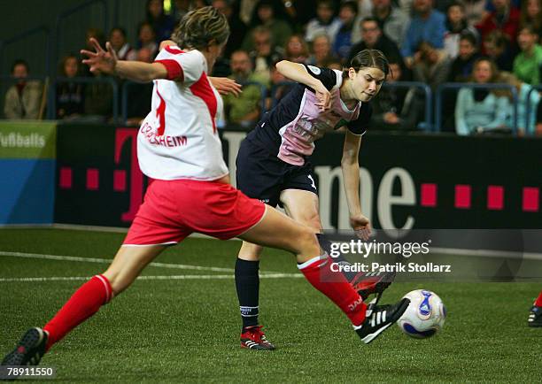 Annike Krahn of Duisburg fights Carolin Hoerber of Crailsheim during the Women's Indoor T-Home Cup match between FCR Duisburg and TSV Crailsheim at...