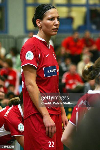 Linda Bresonik of Essen looks on during the Women's Indoor T-Home Cup match between SG Essen-Schoenebeck and Hamburger SV at the Hardtberg Hall on...