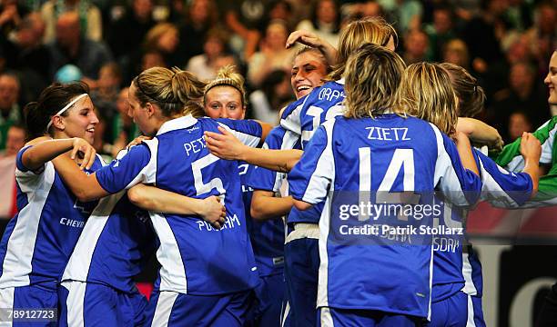 The Team of Potsdam celebrates the victory after the Women's Indoor T-Home Cup final match between FCR 2001 Duisburg and 1.FFC Turbine Potsdam at the...