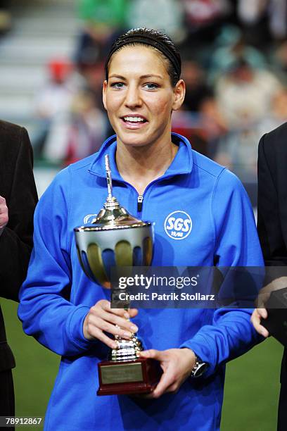 Linda Bresonik of Essen receives the Trophy for the MVP of the Women's Indoor T-Home Cup final match between FCR 2001 Duisburg and 1.FFC Turbine...