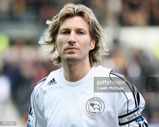 Captain Robbie Savage of Derby County looks on prior to the Barclays Premier League match between Derby County and Wigan Athletic at Pride Park on...