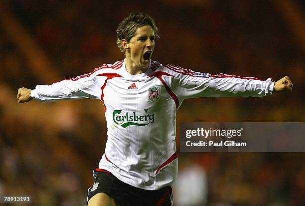 Fernando Torres celebrates scoring the equalising goal during the Barclays Premier League match between Middlesbrough and Liverpool held at the...